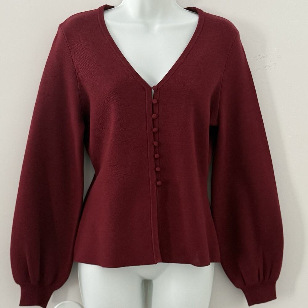 Joie Burgundy Button Front Sweater M V Neck Bishop Sleeve Soft Knit Feminine